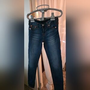 True Religion Halle Super Skinny Jeans -Med To Dark Wash Distressed Size 28